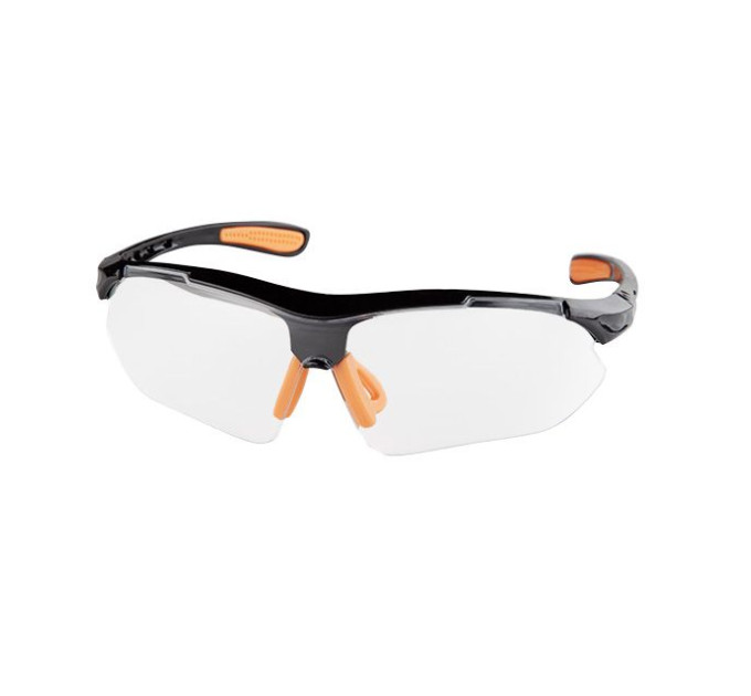 Окуляри захисні прозорі, матеріал лінз полікарбонат, завушини чорного кольору, матеріал нейлон, гумова накладка для носа, захист від удару INTERTOOL SP-0092