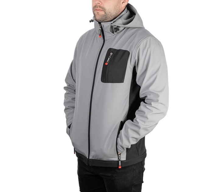 Куртка SOFTSHELL світло сіро-чорна, з капюшоном, тришарова, тканина - стрейч 300 GSM 100D, з водо- і вітрозахистом, розмір XXXL INTERTOOL SP-3126