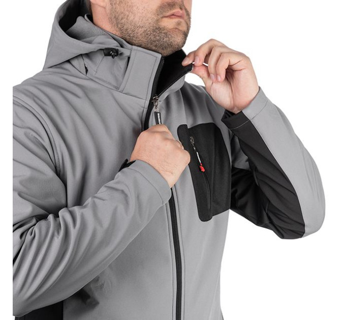 Куртка SOFTSHELL світло сіро-чорна, з капюшоном, тришарова, тканина стрейч 300 GSM 100D з водо-, вітрозахистом, розмір XL INTERTOOL SP-3124