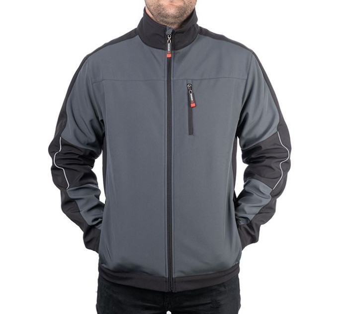 Куртка SOFTSHELL темно сіро-чорна, тришарова, тканина - стрейч 300 GSM 100D, з водо- і вітрозахистом, розмір S INTERTOOL SP-3131