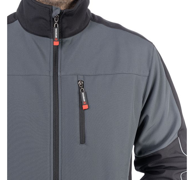 Куртка SOFTSHELL темно сіро-чорна, тришарова, тканина - стрейч 300 GSM 100D, з водо- і вітрозахистом, розмір S INTERTOOL SP-3131