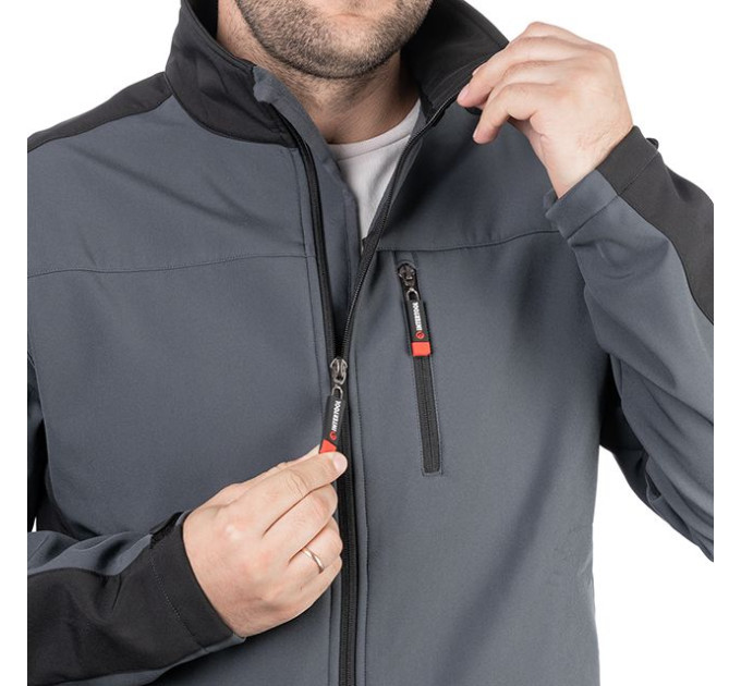 Куртка SOFTSHELL темно сіро-чорна, тришарова, тканина стрейч 300 GSM 100D з водо-, вітрозахистом, розмір XL INTERTOOL SP-3134