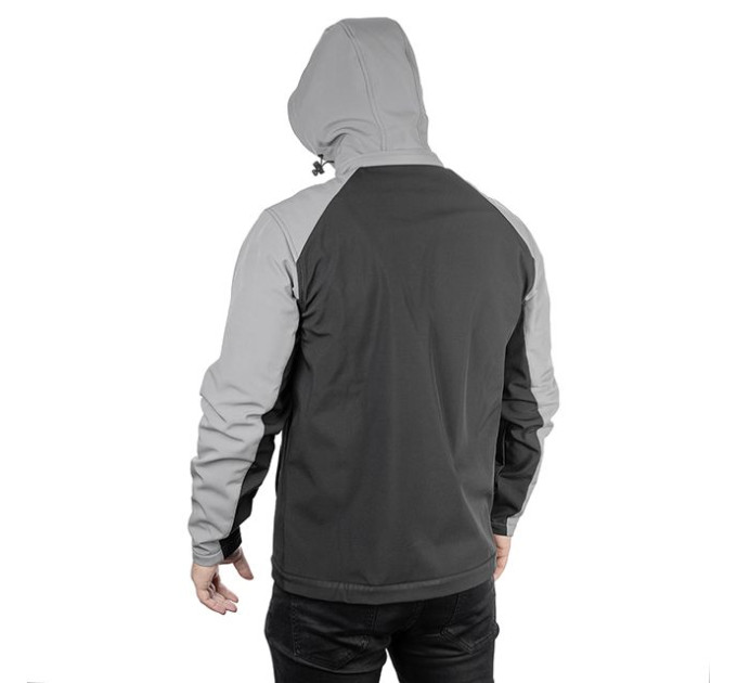 Куртка SOFTSHELL світло сіро-чорна, з капюшоном, тришарова, тканина - стрейч 300 GSM 100D, з водо- і вітрозахистом, розмір XXXL INTERTOOL SP-3126