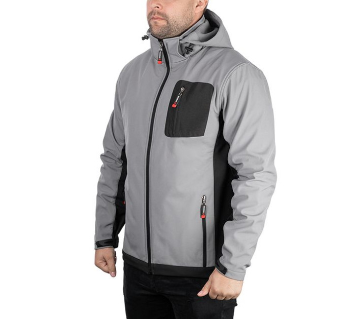 Куртка SOFTSHELL світло сіро-чорна, з капюшоном, тришарова, тканина - стрейч 300 GSM 100D, з водо- і вітрозахистом, розмір XXXL INTERTOOL SP-3126