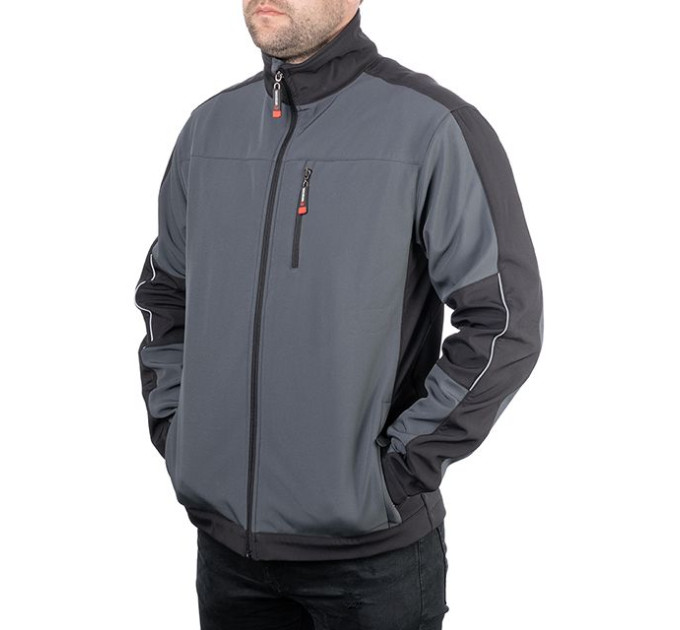 Куртка SOFTSHELL темно сіро-чорна, тришарова, тканина - стрейч 300 GSM 100D, з водо- і вітрозахистом, розмір S INTERTOOL SP-3131