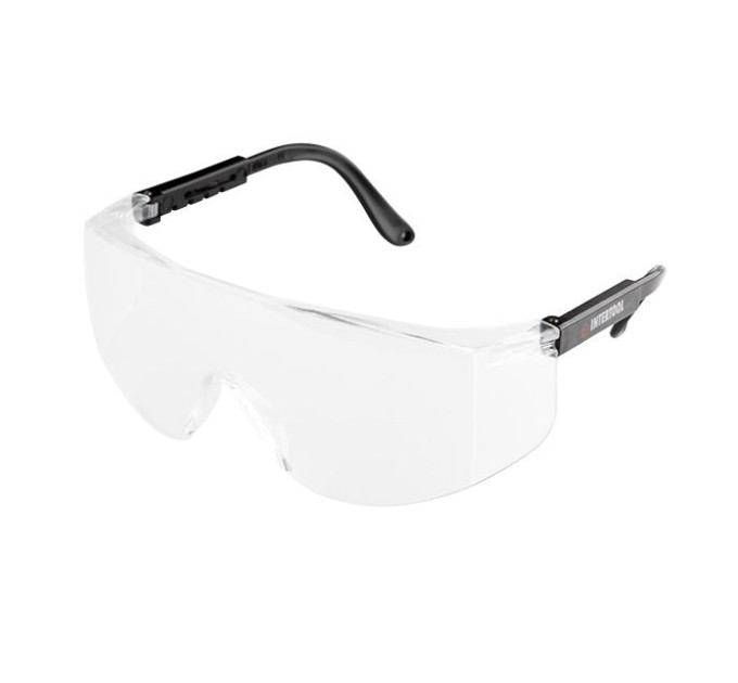 Окуляри захисні прозорі, матеріал полікарбонат, регульовані завушини чорного кольору, матеріал нейлон, захист від удару INTERTOOL SP-0098