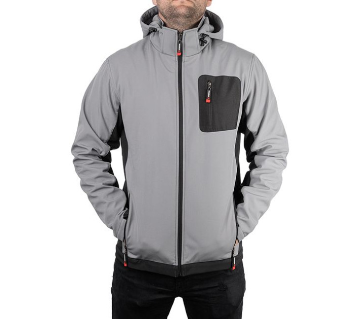 Куртка SOFTSHELL світло сіро-чорна, з капюшоном, тришарова, тканина стрейч 300 GSM 100D з водо-, вітрозахистом, розмір L INTERTOOL SP-3123