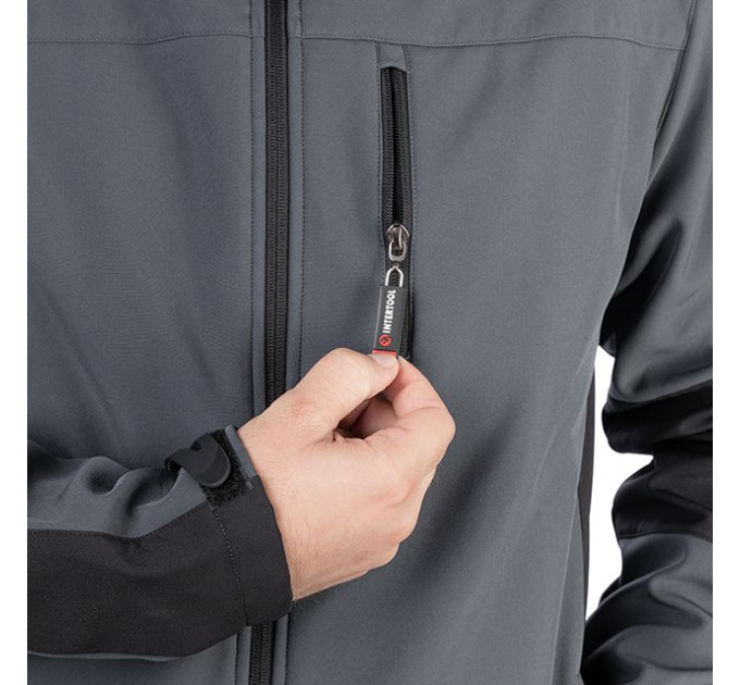 Куртка SOFTSHELL темно сіро-чорна, тришарова, тканина стрейч 300 GSM 100D з водо-, вітрозахистом, розмір XXL INTERTOOL SP-3135