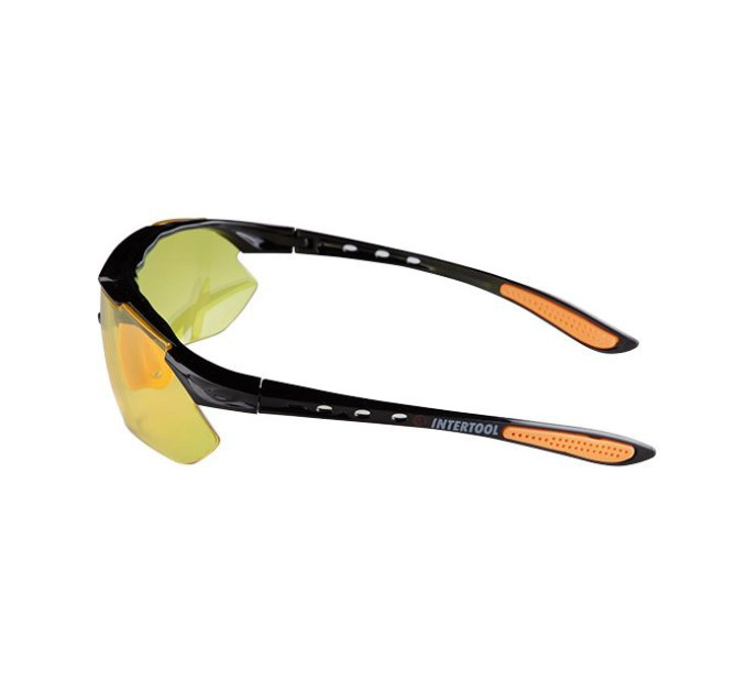 Окуляри захисні жовті, матеріал лінз полікарбонат, завушини чорного кольору, матеріал нейлон, гумова накладка для носа, захист від удару INTERTOOL SP-0093