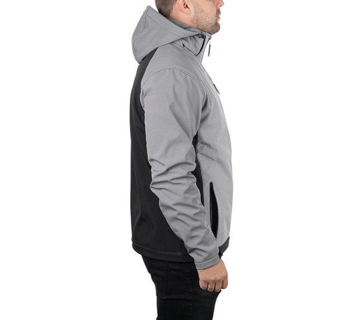 Куртка SOFTSHELL світло сіро-чорна, з капюшоном, тришарова, тканина - стрейч 300 GSM 100D, з водо- і вітрозахистом, розмір XXXL INTERTOOL SP-3126