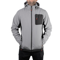 Куртка SOFTSHELL світло сіро-чорна, з капюшоном, тришарова, тканина стрейч 300 GSM 100D з водо-, вітрозахистом, розмір М INTERTOOL SP-3122