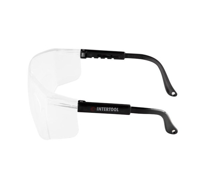 Окуляри захисні прозорі, матеріал полікарбонат, регульовані завушини чорного кольору, матеріал нейлон, захист від удару INTERTOOL SP-0098