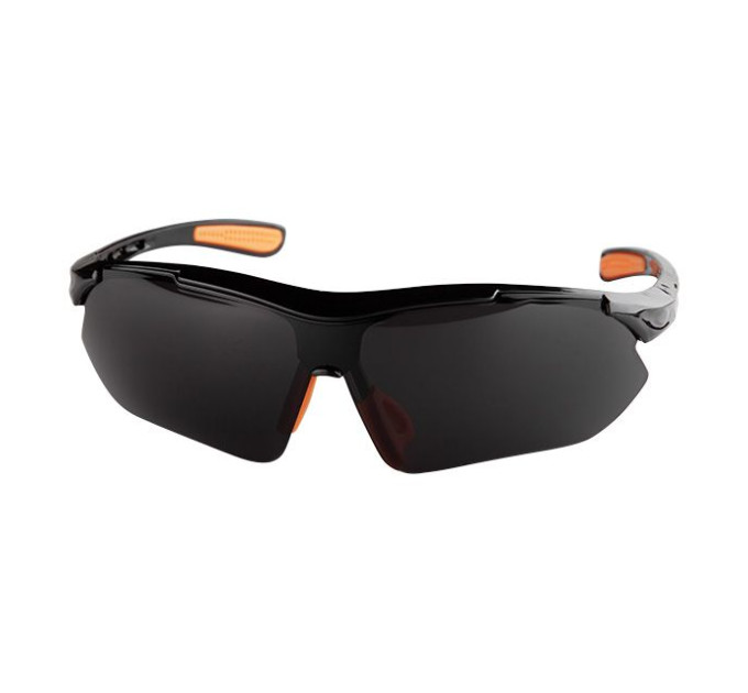 Окуляри захисні затемнені, матеріал лінз полікарбонат, завушини чорного кольору, матеріал нейлон, гумова накладка для носа, захист від удару INTERTOOL SP-0094