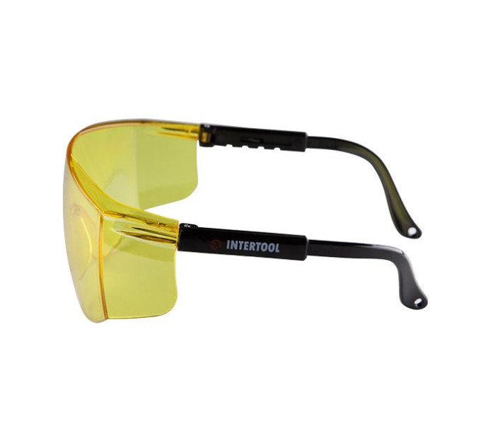 Окуляри захисні жовті, матеріал полікарбонат, регульовані завушини чорного кольору, матеріал нейлон, захист від удару INTERTOOL SP-0099