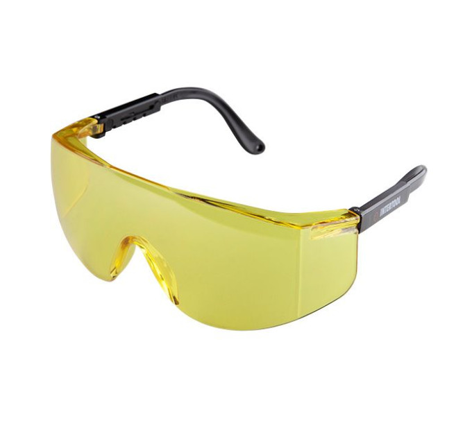 Окуляри захисні жовті, матеріал полікарбонат, регульовані завушини чорного кольору, матеріал нейлон, захист від удару INTERTOOL SP-0099